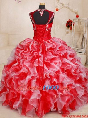 Decent Straps Sleeveless Quinceanera Dresses Floor Length Beading and Ruffles White and Red Organza