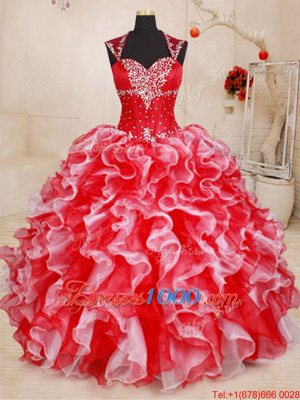 Decent Straps Sleeveless Quinceanera Dresses Floor Length Beading and Ruffles White and Red Organza