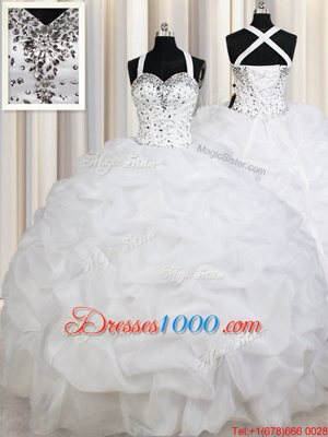 Colorful White Ball Gowns Organza Straps Sleeveless Beading and Ruffles and Pick Ups Floor Length Lace Up Quinceanera Gowns