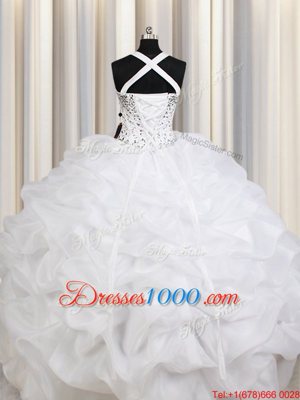 Colorful White Ball Gowns Organza Straps Sleeveless Beading and Ruffles and Pick Ups Floor Length Lace Up Quinceanera Gowns