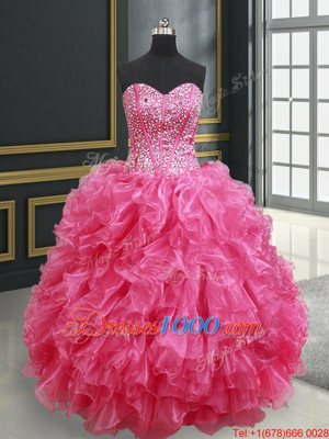 Hot Pink Organza Lace Up Sweetheart Sleeveless Floor Length Vestidos de Quinceanera Beading and Ruffles