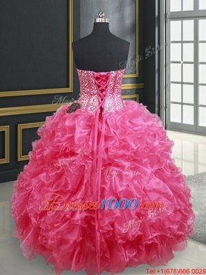 Hot Pink Organza Lace Up Sweetheart Sleeveless Floor Length Vestidos de Quinceanera Beading and Ruffles