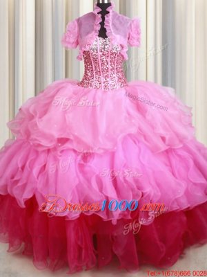 Sequins Ball Gowns Quinceanera Dresses Rose Pink Sweetheart Organza Sleeveless Floor Length Lace Up