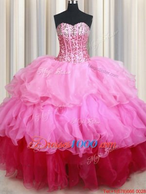 Sequins Ball Gowns Quinceanera Dresses Rose Pink Sweetheart Organza Sleeveless Floor Length Lace Up