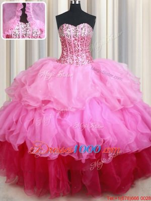 Sequins Ball Gowns Quinceanera Dresses Rose Pink Sweetheart Organza Sleeveless Floor Length Lace Up