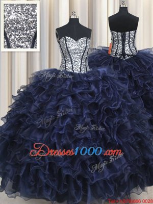 Sophisticated Sequins Ruffled Ball Gowns Quince Ball Gowns Navy Blue Sweetheart Organza Sleeveless Floor Length Lace Up