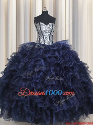 Sophisticated Sequins Ruffled Ball Gowns Quince Ball Gowns Navy Blue Sweetheart Organza Sleeveless Floor Length Lace Up