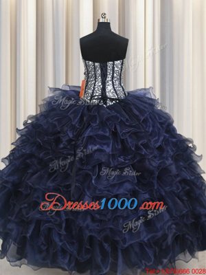 Sophisticated Sequins Ruffled Ball Gowns Quince Ball Gowns Navy Blue Sweetheart Organza Sleeveless Floor Length Lace Up