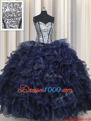 Sophisticated Sequins Ruffled Ball Gowns Quince Ball Gowns Navy Blue Sweetheart Organza Sleeveless Floor Length Lace Up