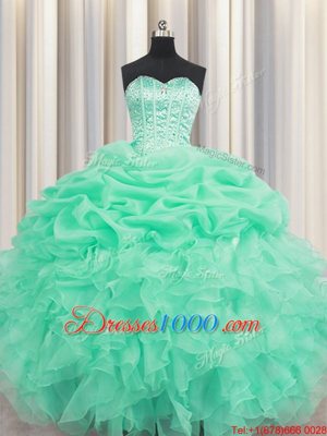 Extravagant Sweetheart Sleeveless Sweet 16 Dresses Floor Length Beading and Ruffles and Pick Ups Apple Green Organza