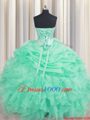 Extravagant Sweetheart Sleeveless Sweet 16 Dresses Floor Length Beading and Ruffles and Pick Ups Apple Green Organza