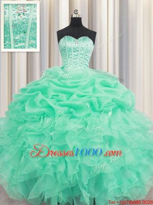 Extravagant Sweetheart Sleeveless Sweet 16 Dresses Floor Length Beading and Ruffles and Pick Ups Apple Green Organza