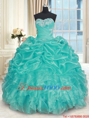 Noble Turquoise Ball Gowns Beading and Ruffles Sweet 16 Dress Lace Up Organza Sleeveless Floor Length