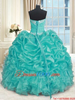 Noble Turquoise Ball Gowns Beading and Ruffles Sweet 16 Dress Lace Up Organza Sleeveless Floor Length