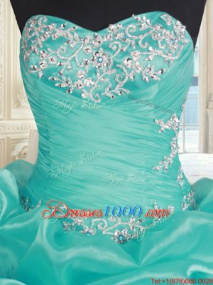 Noble Turquoise Ball Gowns Beading and Ruffles Sweet 16 Dress Lace Up Organza Sleeveless Floor Length