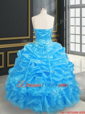 Hot Selling Baby Blue Lace Up Sweetheart Beading and Ruffles and Pick Ups 15 Quinceanera Dress Organza Sleeveless