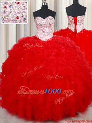 Low Price Sweetheart Sleeveless Quinceanera Dresses Floor Length Beading and Ruffles Red Tulle