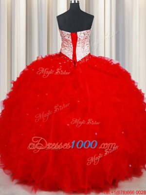 Low Price Sweetheart Sleeveless Quinceanera Dresses Floor Length Beading and Ruffles Red Tulle