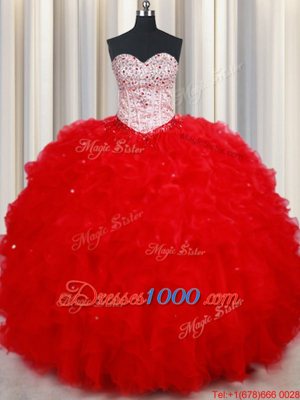 Low Price Sweetheart Sleeveless Quinceanera Dresses Floor Length Beading and Ruffles Red Tulle