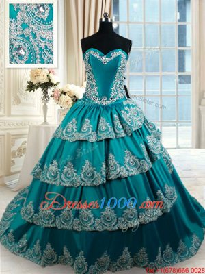 Clearance Teal Sleeveless Floor Length Beading and Embroidery and Ruffled Layers Lace Up 15 Quinceanera Dress