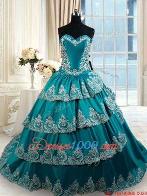 Clearance Teal Sleeveless Floor Length Beading and Embroidery and Ruffled Layers Lace Up 15 Quinceanera Dress