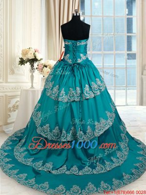 Clearance Teal Sleeveless Floor Length Beading and Embroidery and Ruffled Layers Lace Up 15 Quinceanera Dress