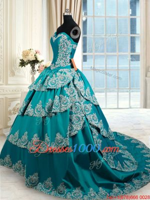 Clearance Teal Sleeveless Floor Length Beading and Embroidery and Ruffled Layers Lace Up 15 Quinceanera Dress