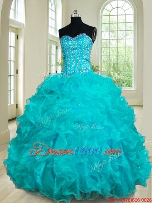 Attractive Sleeveless Floor Length Beading and Ruffles Lace Up Quinceanera Gowns with Teal
