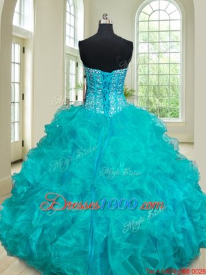 Attractive Sleeveless Floor Length Beading and Ruffles Lace Up Quinceanera Gowns with Teal