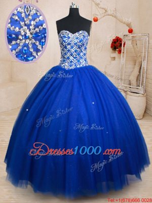 Comfortable Royal Blue Lace Up Sweetheart Beading Quinceanera Dress Tulle Sleeveless