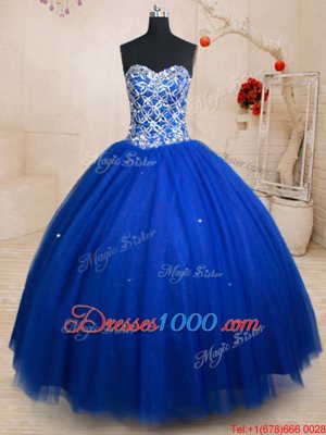 Comfortable Royal Blue Lace Up Sweetheart Beading Quinceanera Dress Tulle Sleeveless