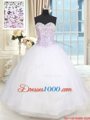 Pretty White Ball Gowns Sweetheart Sleeveless Tulle Floor Length Lace Up Beading Quinceanera Gowns