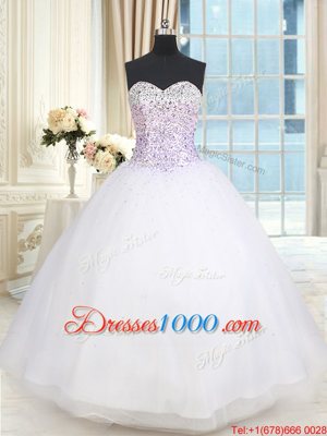 Pretty White Ball Gowns Sweetheart Sleeveless Tulle Floor Length Lace Up Beading Quinceanera Gowns