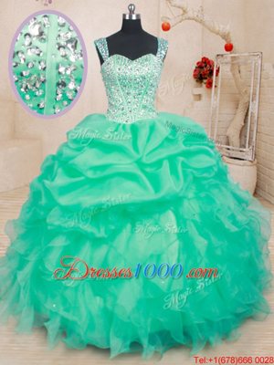 Affordable Turquoise Organza Lace Up Straps Sleeveless Floor Length Quinceanera Dresses Beading and Ruffles and Pick Ups