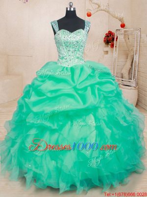 Affordable Turquoise Organza Lace Up Straps Sleeveless Floor Length Quinceanera Dresses Beading and Ruffles and Pick Ups