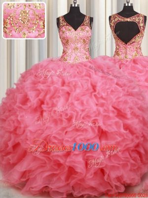 Fine Pink Organza Backless V-neck Sleeveless Floor Length 15 Quinceanera Dress Beading and Ruffles