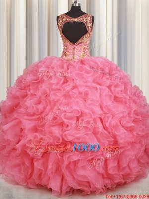 Fine Pink Organza Backless V-neck Sleeveless Floor Length 15 Quinceanera Dress Beading and Ruffles