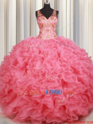 Fine Pink Organza Backless V-neck Sleeveless Floor Length 15 Quinceanera Dress Beading and Ruffles