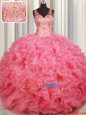 Fine Pink Organza Backless V-neck Sleeveless Floor Length 15 Quinceanera Dress Beading and Ruffles