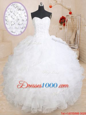 White Ball Gowns Sweetheart Sleeveless Organza Floor Length Lace Up Beading and Ruffles 15 Quinceanera Dress