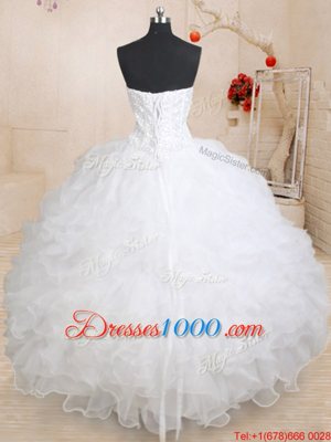 White Ball Gowns Sweetheart Sleeveless Organza Floor Length Lace Up Beading and Ruffles 15 Quinceanera Dress
