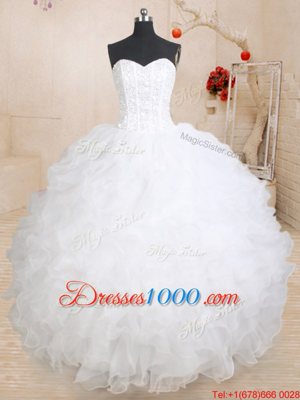 White Ball Gowns Sweetheart Sleeveless Organza Floor Length Lace Up Beading and Ruffles 15 Quinceanera Dress