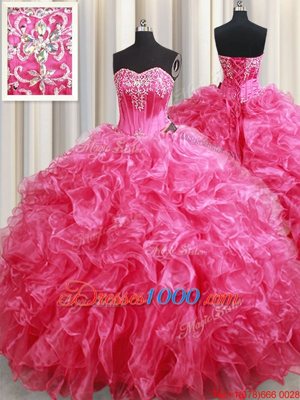 Hot Pink Organza Lace Up Quinceanera Dresses Sleeveless With Brush Train Beading and Ruffles