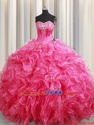 Hot Pink Organza Lace Up Quinceanera Dresses Sleeveless With Brush Train Beading and Ruffles