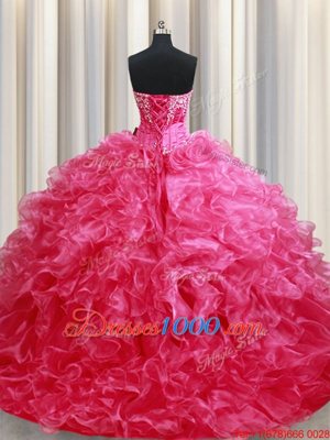 Hot Pink Organza Lace Up Quinceanera Dresses Sleeveless With Brush Train Beading and Ruffles