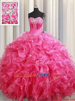 Hot Pink Organza Lace Up Quinceanera Dresses Sleeveless With Brush Train Beading and Ruffles