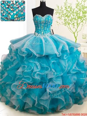Adorable Teal 15th Birthday Dress Military Ball and Sweet 16 and Quinceanera and For with Beading and Ruffles Sweetheart Sleeveless Brush Train Lace Up
