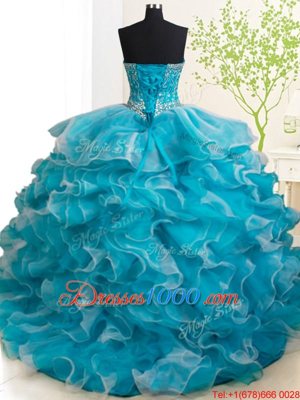 Adorable Teal 15th Birthday Dress Military Ball and Sweet 16 and Quinceanera and For with Beading and Ruffles Sweetheart Sleeveless Brush Train Lace Up