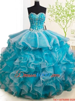 Adorable Teal 15th Birthday Dress Military Ball and Sweet 16 and Quinceanera and For with Beading and Ruffles Sweetheart Sleeveless Brush Train Lace Up