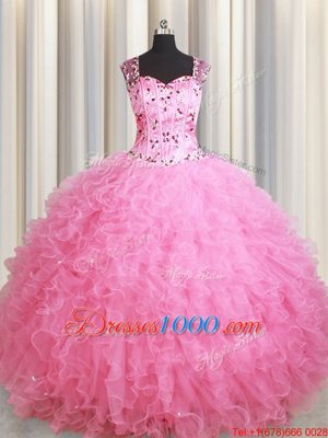 Straps Straps Beading and Ruffles Ball Gown Prom Dress Rose Pink Zipper Sleeveless Floor Length